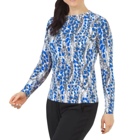 IBKUL Kamila Blue Printed Long Mesh Sleeve UPF 50 Top - Picture 1 of 12